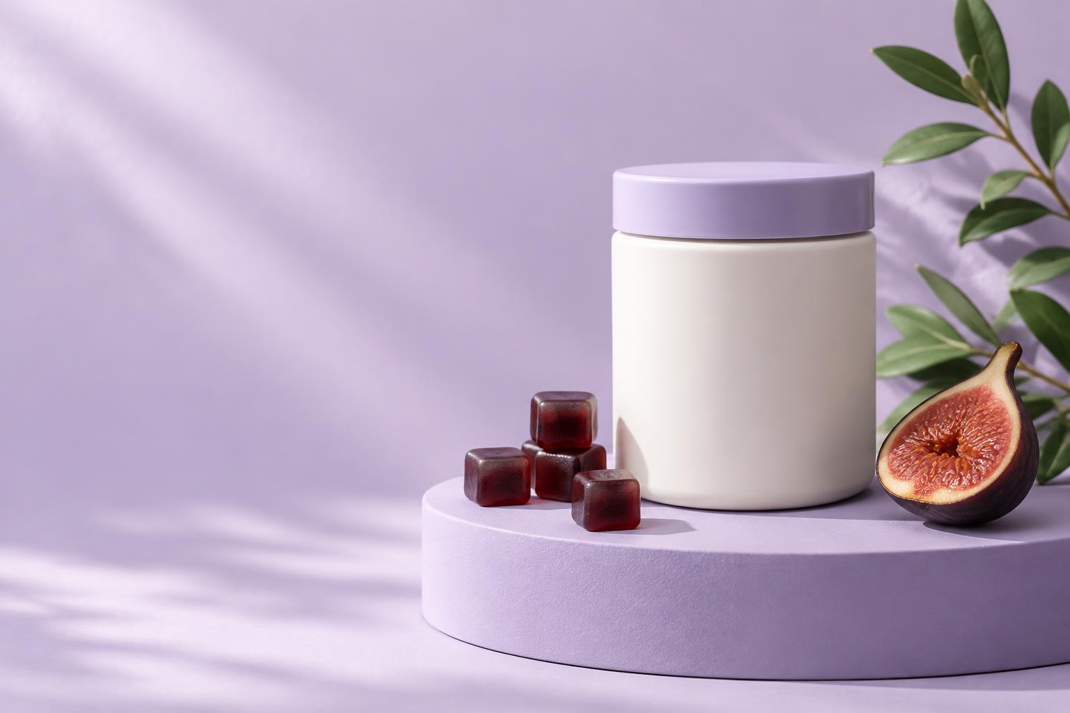 Illustrative unbranded gummy jar with cola-colored gummies and botanical styling; not actual Trost packaging or ingredients